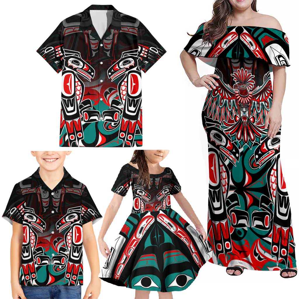 Eagle of Haida Gwaii Canada Family Matching Off Shoulder Maxi Dress and Hawaiian Shirt Indigenous Art Thunderbird