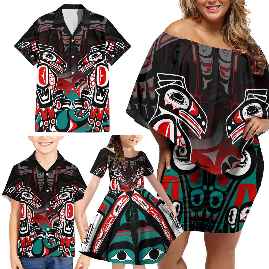 Eagle of Haida Gwaii Canada Family Matching Off Shoulder Short Dress and Hawaiian Shirt Indigenous Art Thunderbird