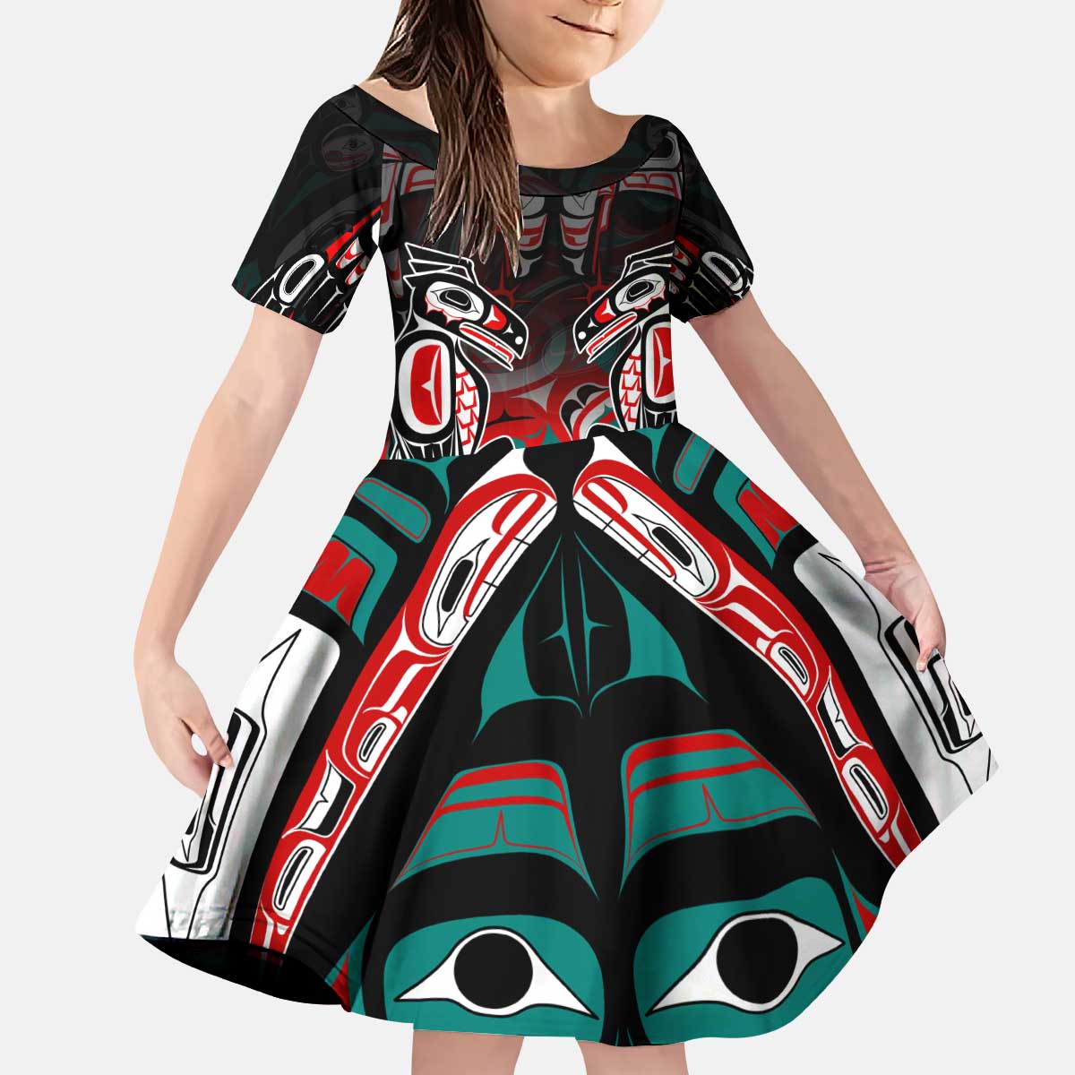 Eagle of Haida Gwaii Canada Kid Short Sleeve Dress Indigenous Art Thunderbird