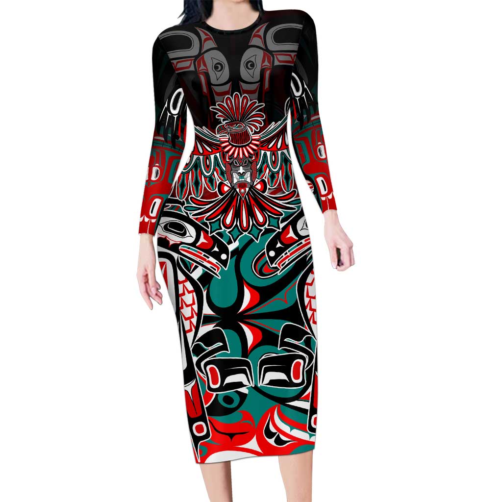 Eagle of Haida Gwaii Canada Long Sleeve Bodycon Dress Indigenous Art Thunderbird