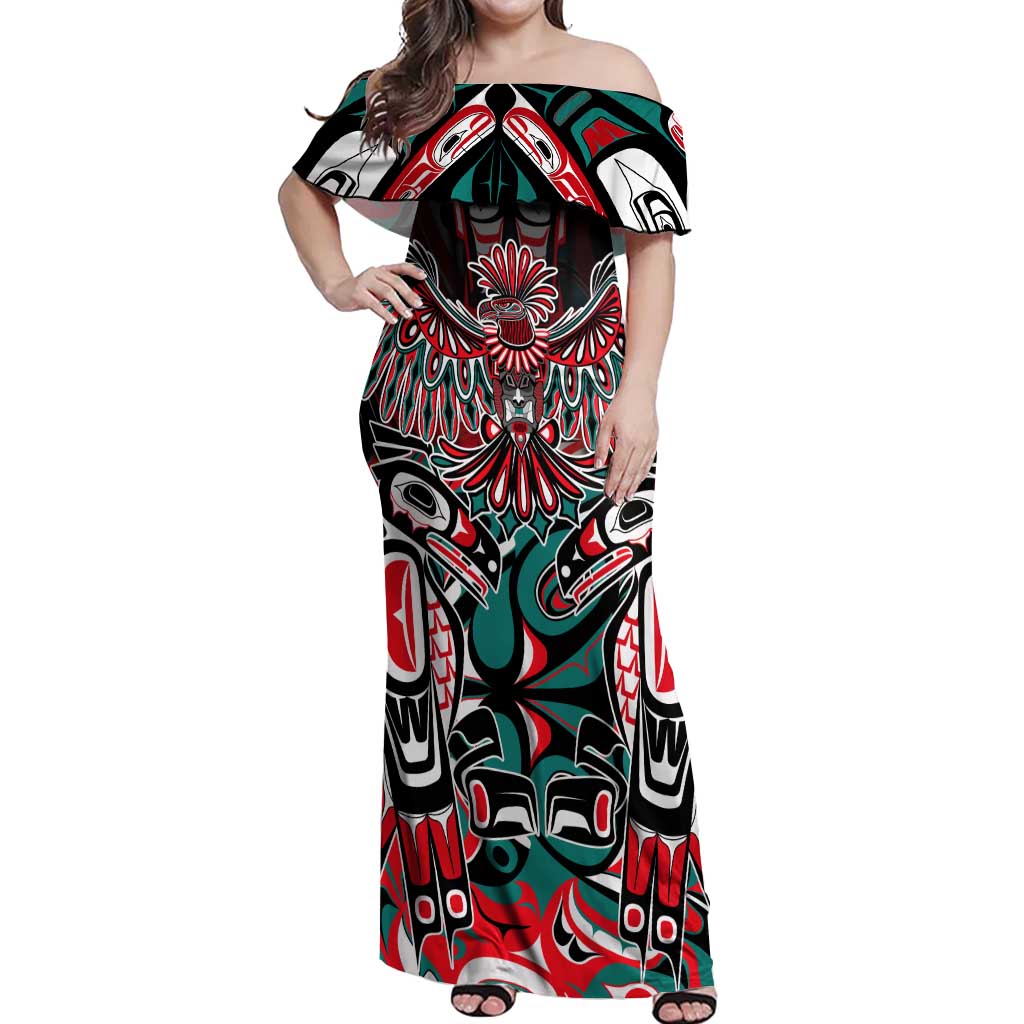 Eagle of Haida Gwaii Canada Off Shoulder Maxi Dress Indigenous Art Thunderbird