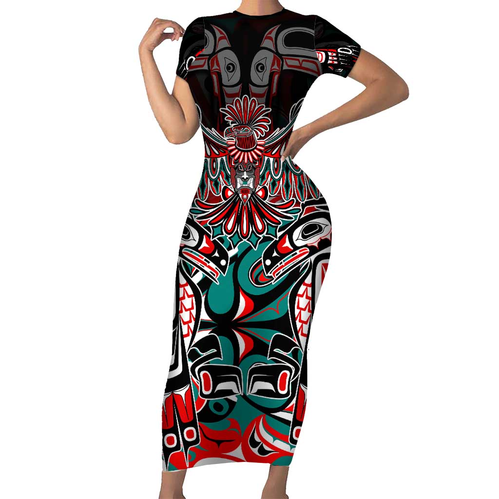 Eagle of Haida Gwaii Canada Short Sleeve Bodycon Dress Indigenous Art Thunderbird