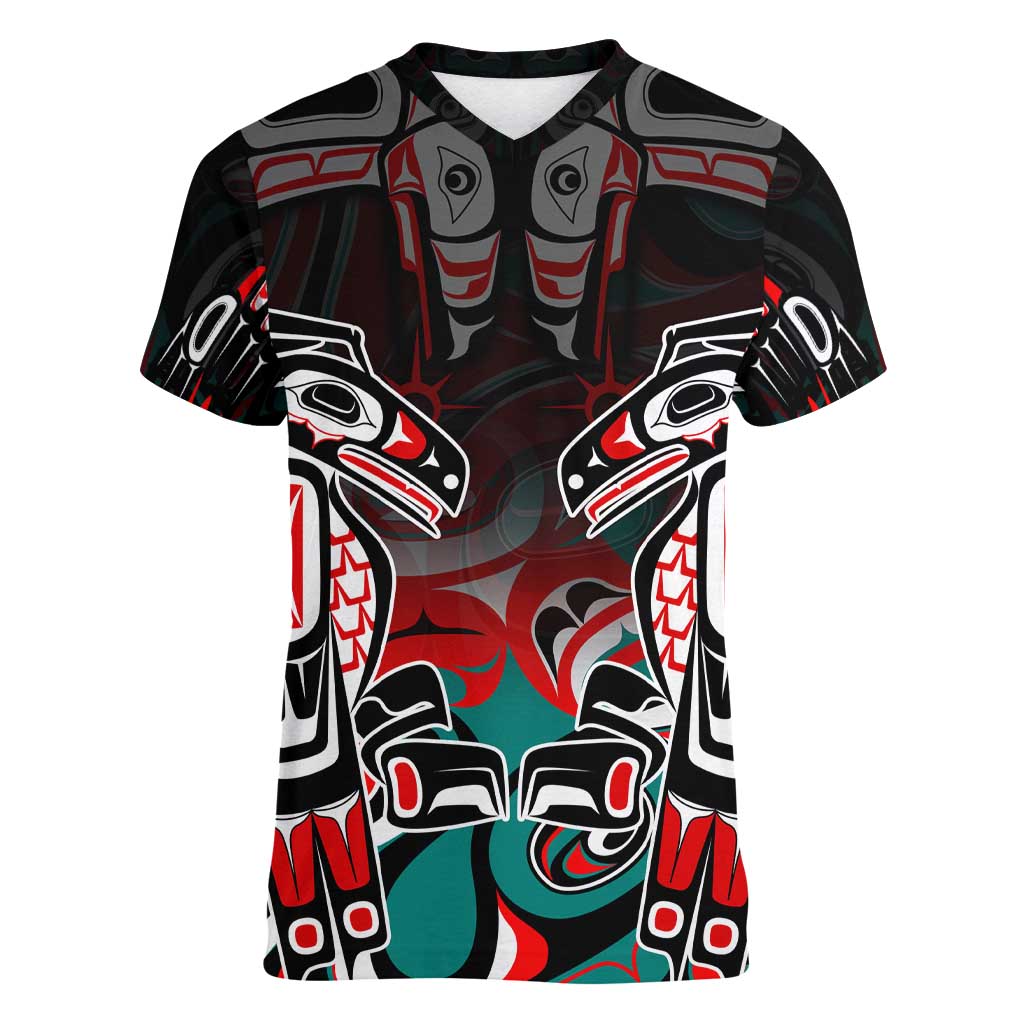 Eagle of Haida Gwaii Canada Women V-Neck T-Shirt Indigenous Art Thunderbird