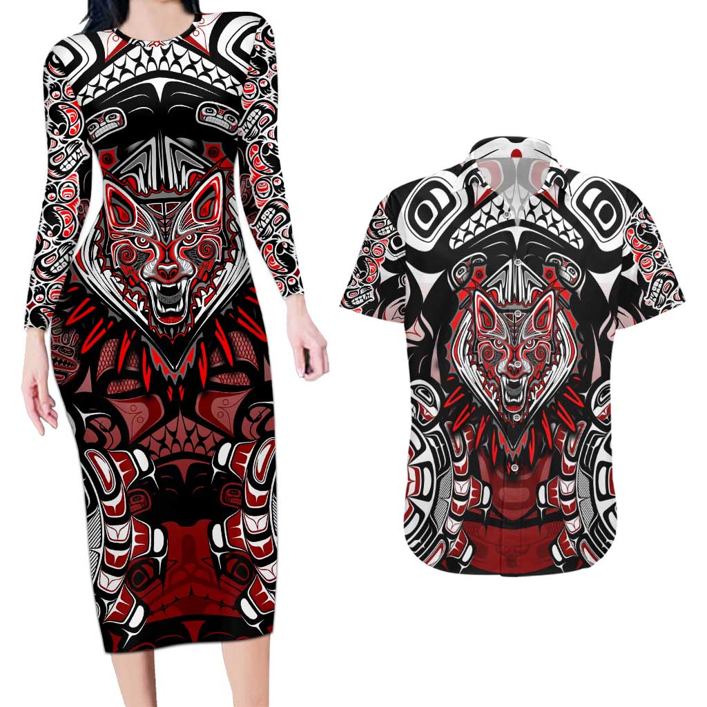 Haida Wolf Couples Matching Long Sleeve Bodycon Dress and Hawaiian Shirt Canada Indigenous Art