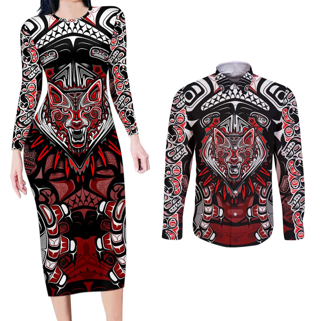 Haida Wolf Couples Matching Long Sleeve Bodycon Dress and Long Sleeve Button Shirt Canada Indigenous Art