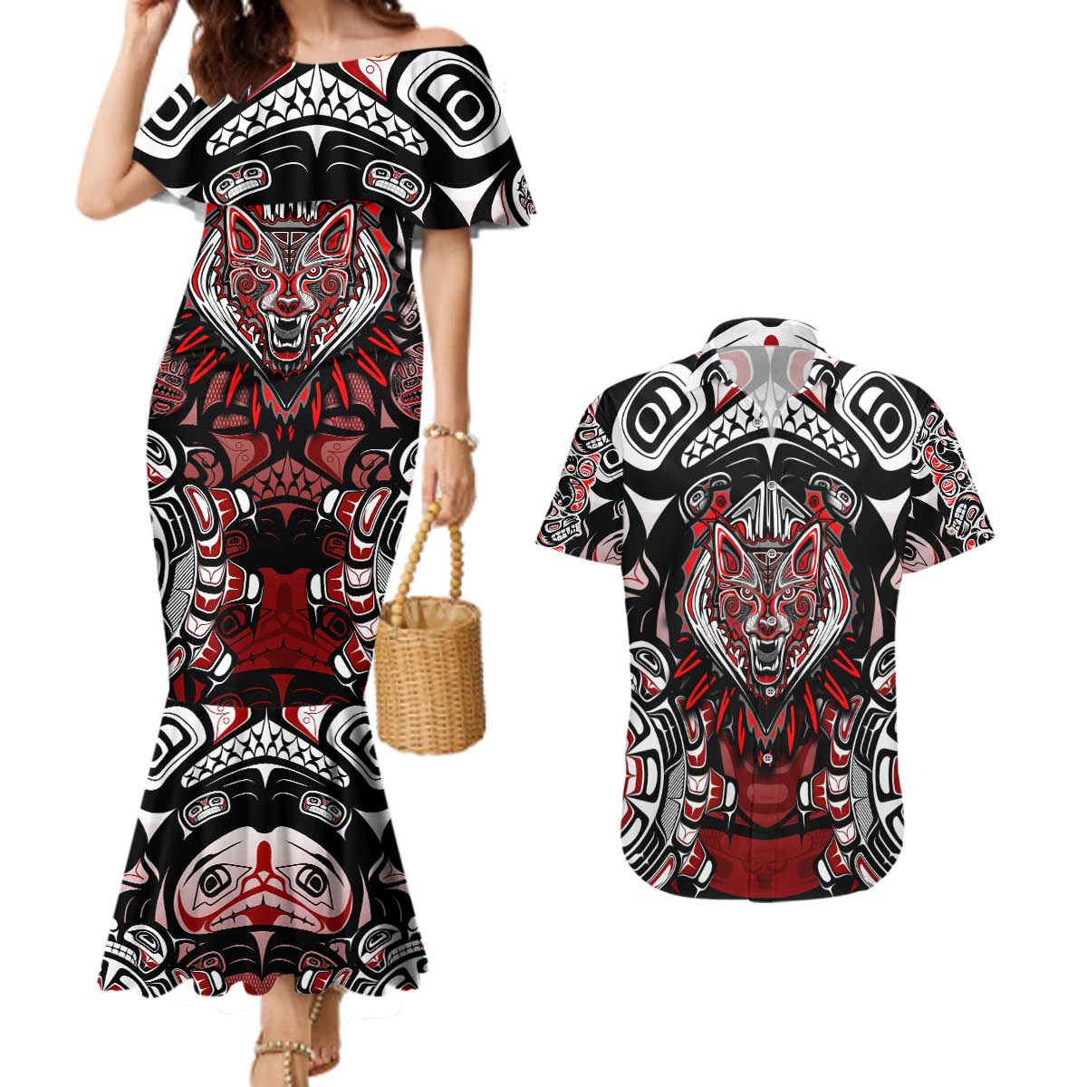 Haida Wolf Couples Matching Mermaid Dress and Hawaiian Shirt Canada Indigenous Art