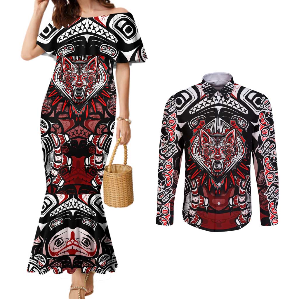 Haida Wolf Couples Matching Mermaid Dress and Long Sleeve Button Shirt Canada Indigenous Art