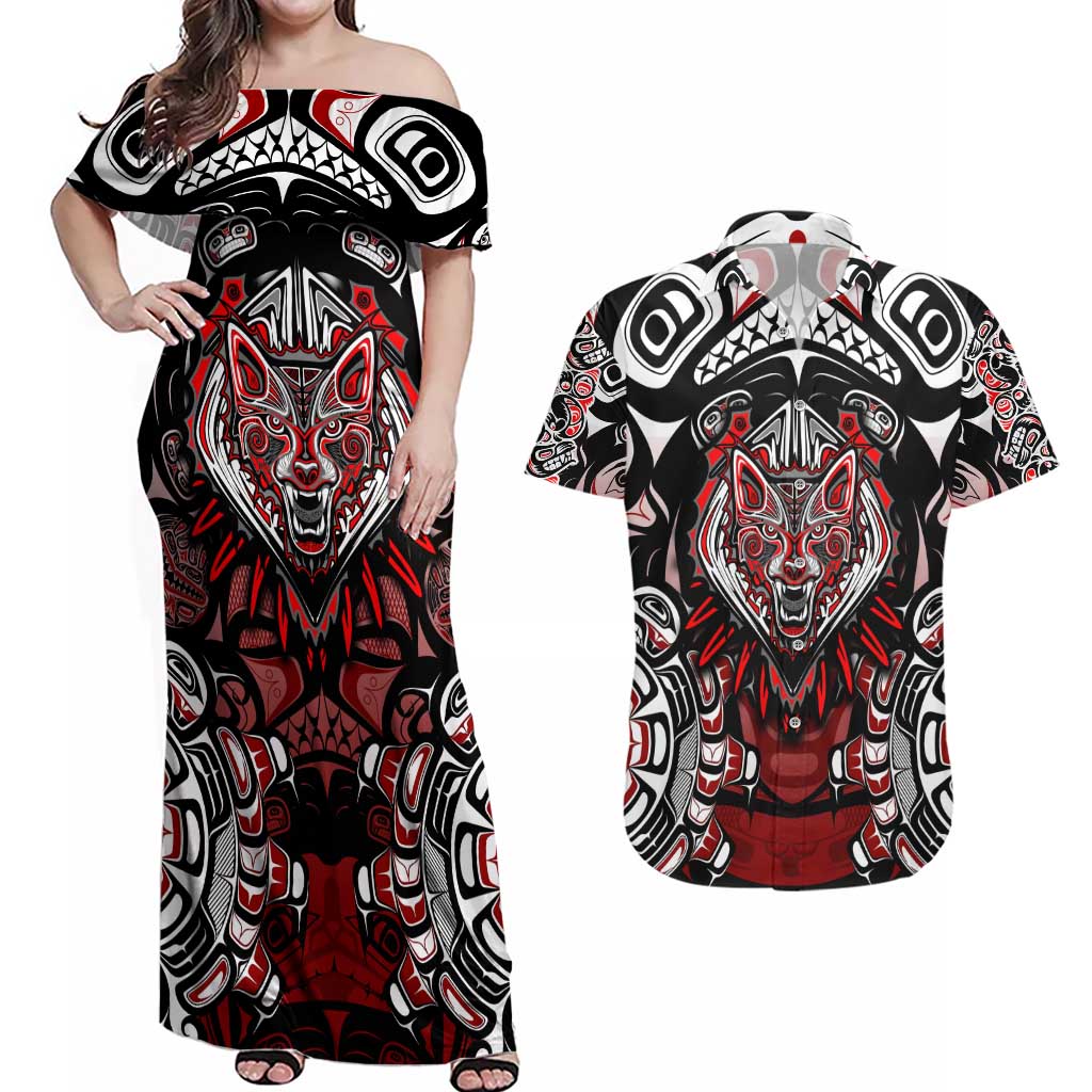 Haida Wolf Couples Matching Off Shoulder Maxi Dress and Hawaiian Shirt Canada Indigenous Art