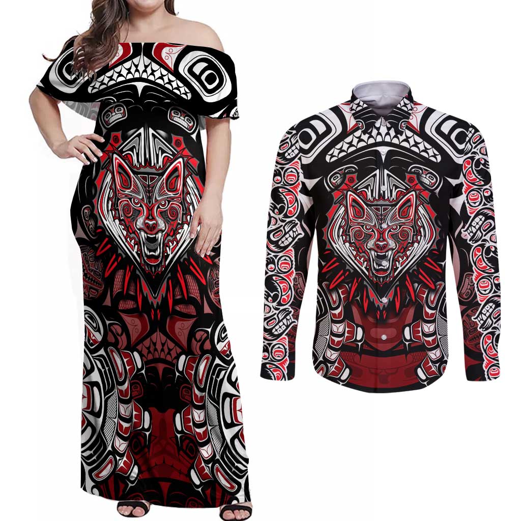 Haida Wolf Couples Matching Off Shoulder Maxi Dress and Long Sleeve Button Shirt Canada Indigenous Art