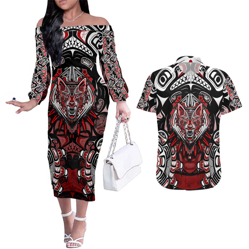 Haida Wolf Couples Matching Off The Shoulder Long Sleeve Dress and Hawaiian Shirt Canada Indigenous Art