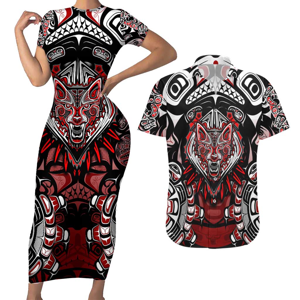 Haida Wolf Couples Matching Short Sleeve Bodycon Dress and Hawaiian Shirt Canada Indigenous Art