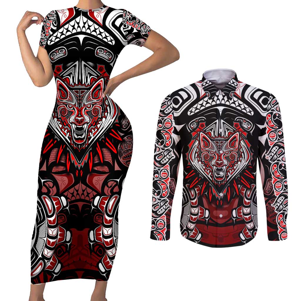 Haida Wolf Couples Matching Short Sleeve Bodycon Dress and Long Sleeve Button Shirt Canada Indigenous Art