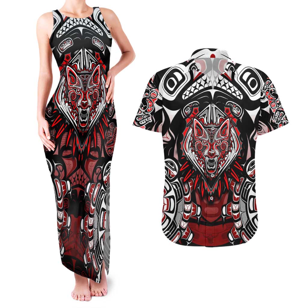 Haida Wolf Couples Matching Tank Maxi Dress and Hawaiian Shirt Canada Indigenous Art