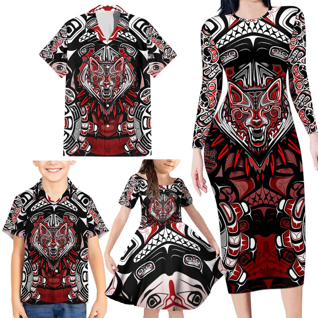 Haida Wolf Family Matching Long Sleeve Bodycon Dress and Hawaiian Shirt Canada Indigenous Art