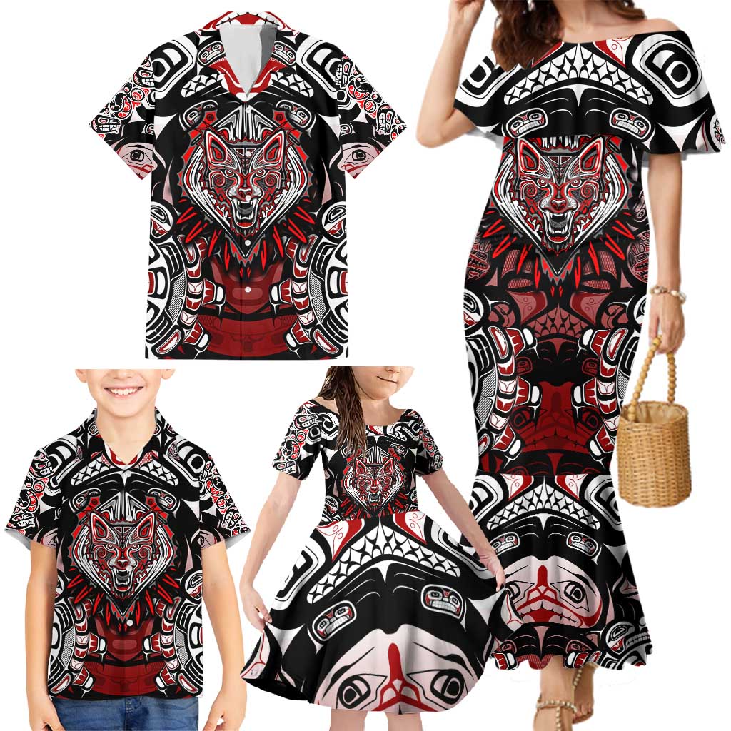 Haida Wolf Family Matching Mermaid Dress and Hawaiian Shirt Canada Indigenous Art