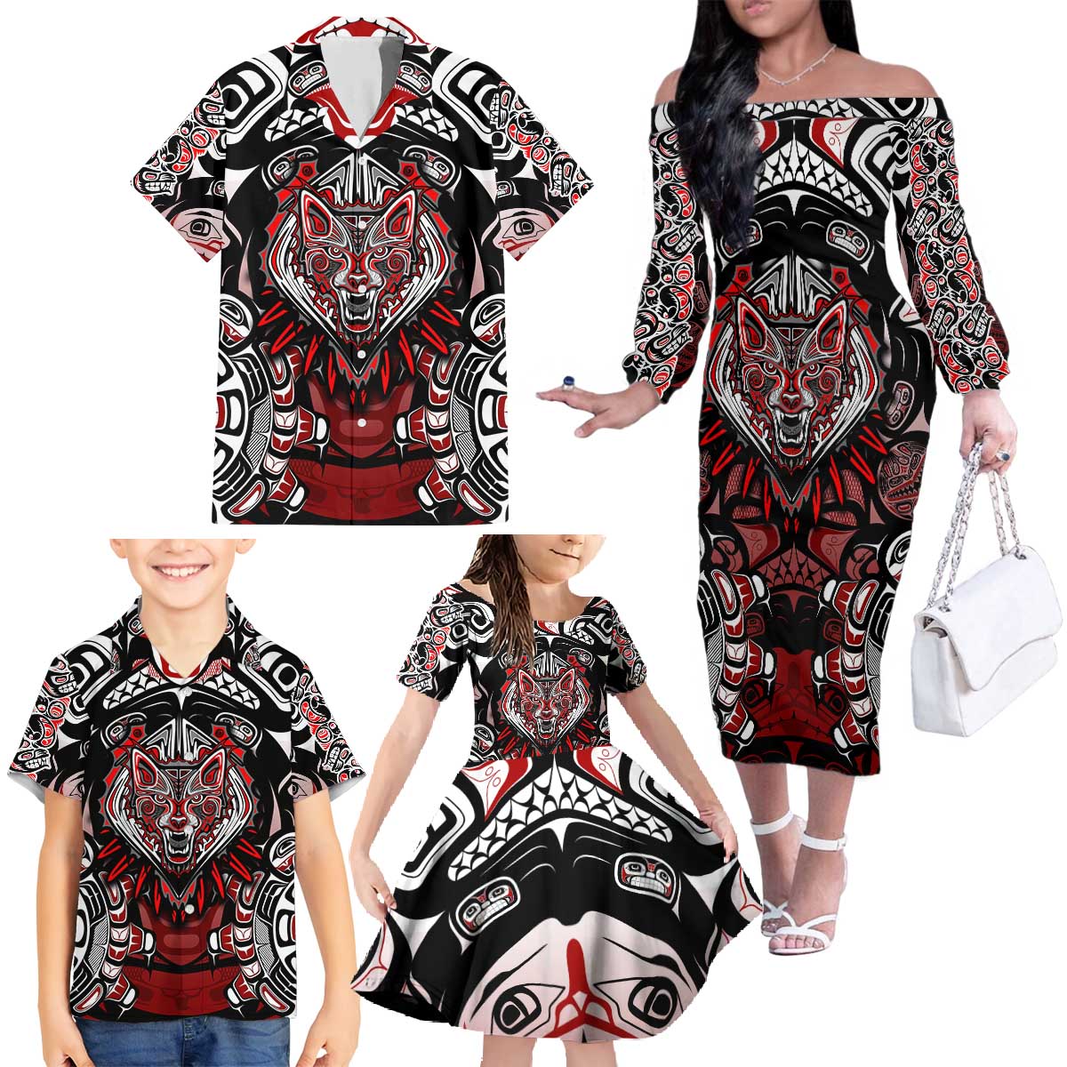 Haida Wolf Family Matching Off The Shoulder Long Sleeve Dress and Hawaiian Shirt Canada Indigenous Art