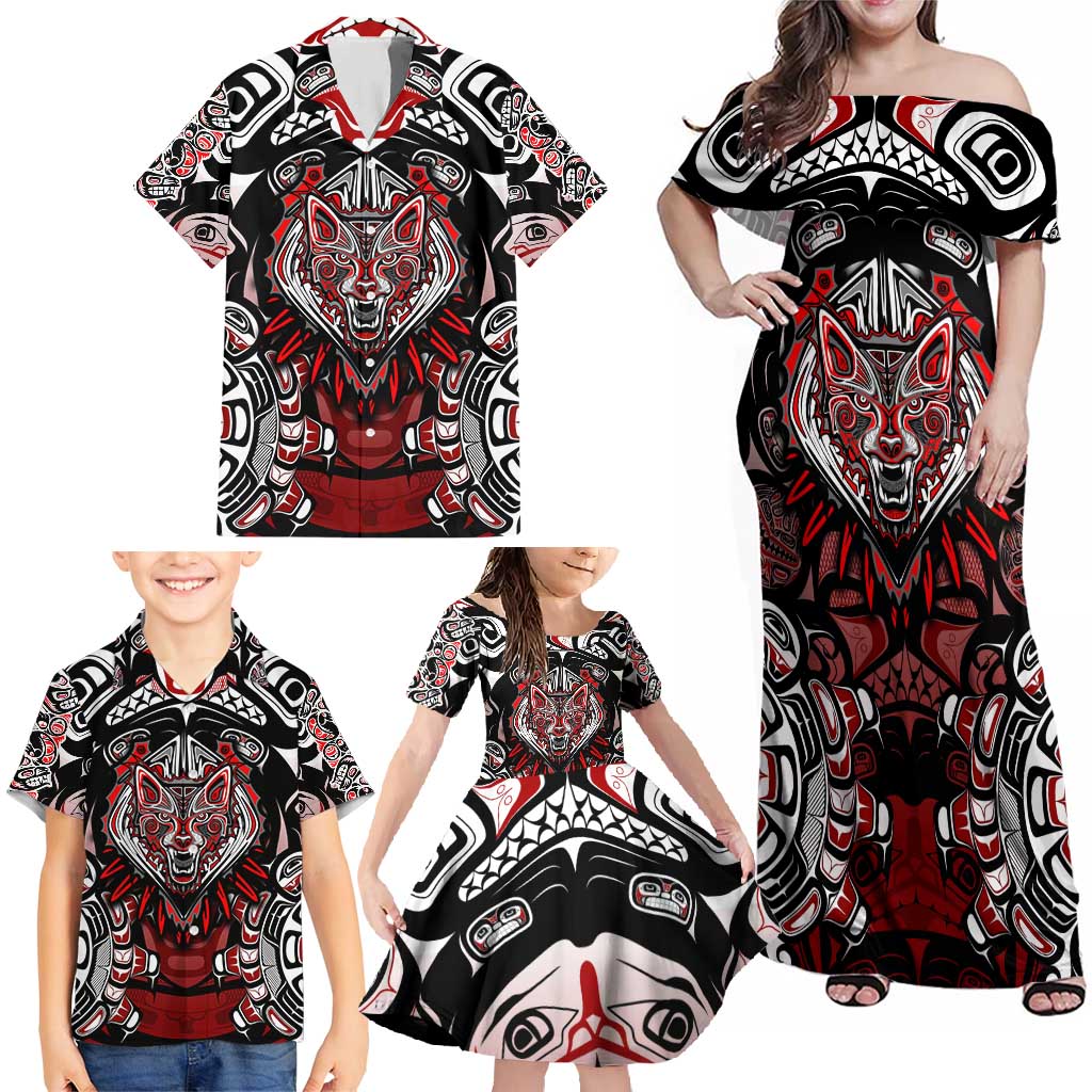 Haida Wolf Family Matching Off Shoulder Maxi Dress and Hawaiian Shirt Canada Indigenous Art