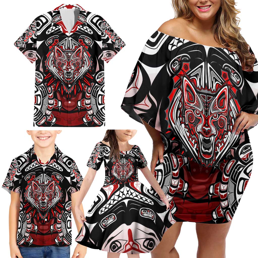 Haida Wolf Family Matching Off Shoulder Short Dress and Hawaiian Shirt Canada Indigenous Art