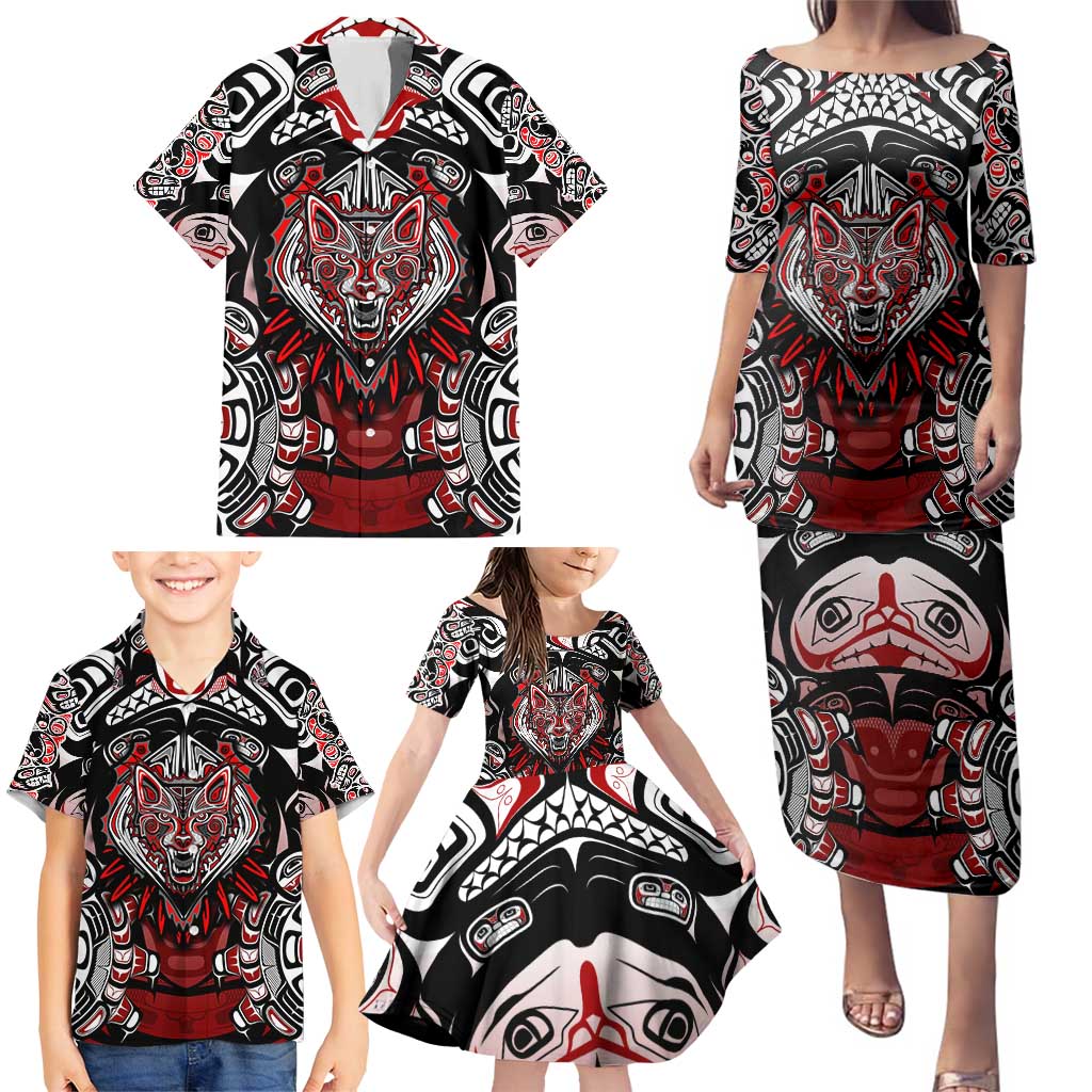 Haida Wolf Family Matching Puletasi and Hawaiian Shirt Canada Indigenous Art