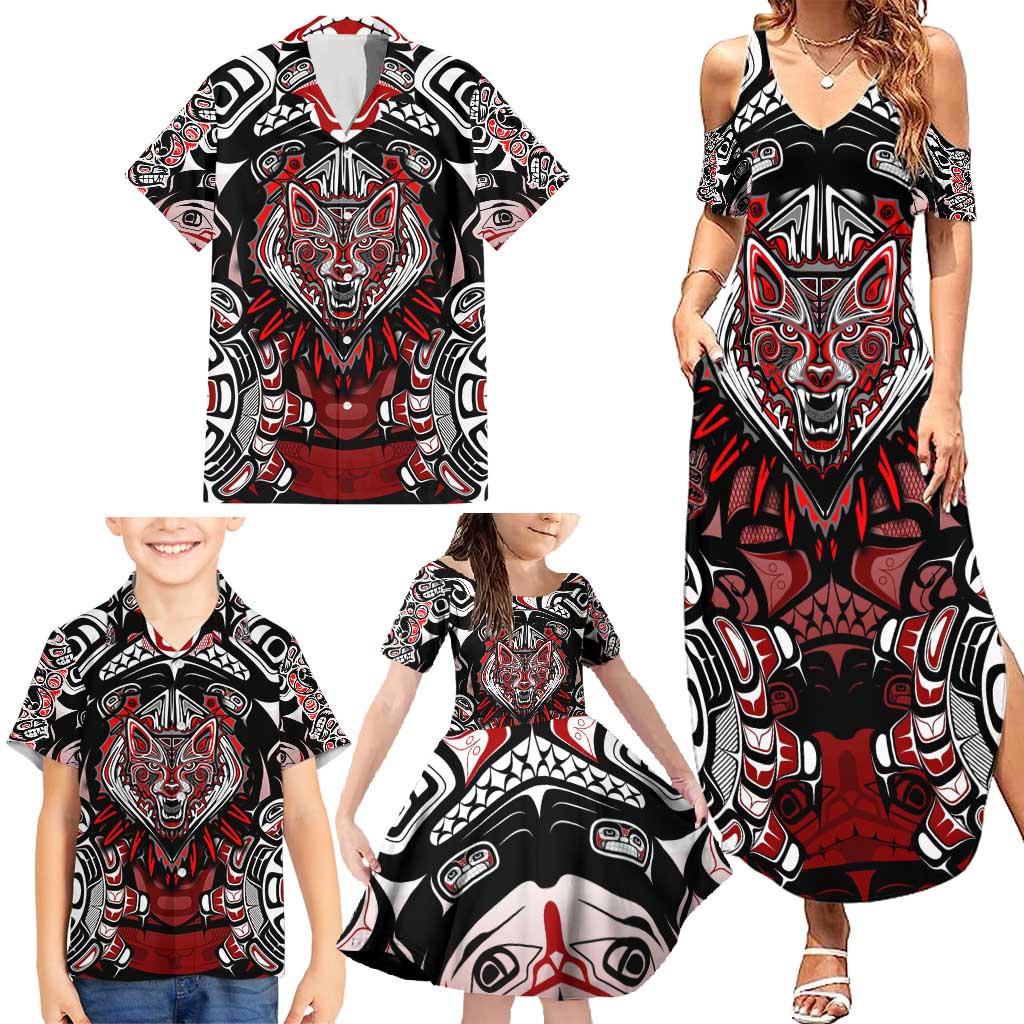 Haida Wolf Family Matching Summer Maxi Dress and Hawaiian Shirt Canada Indigenous Art