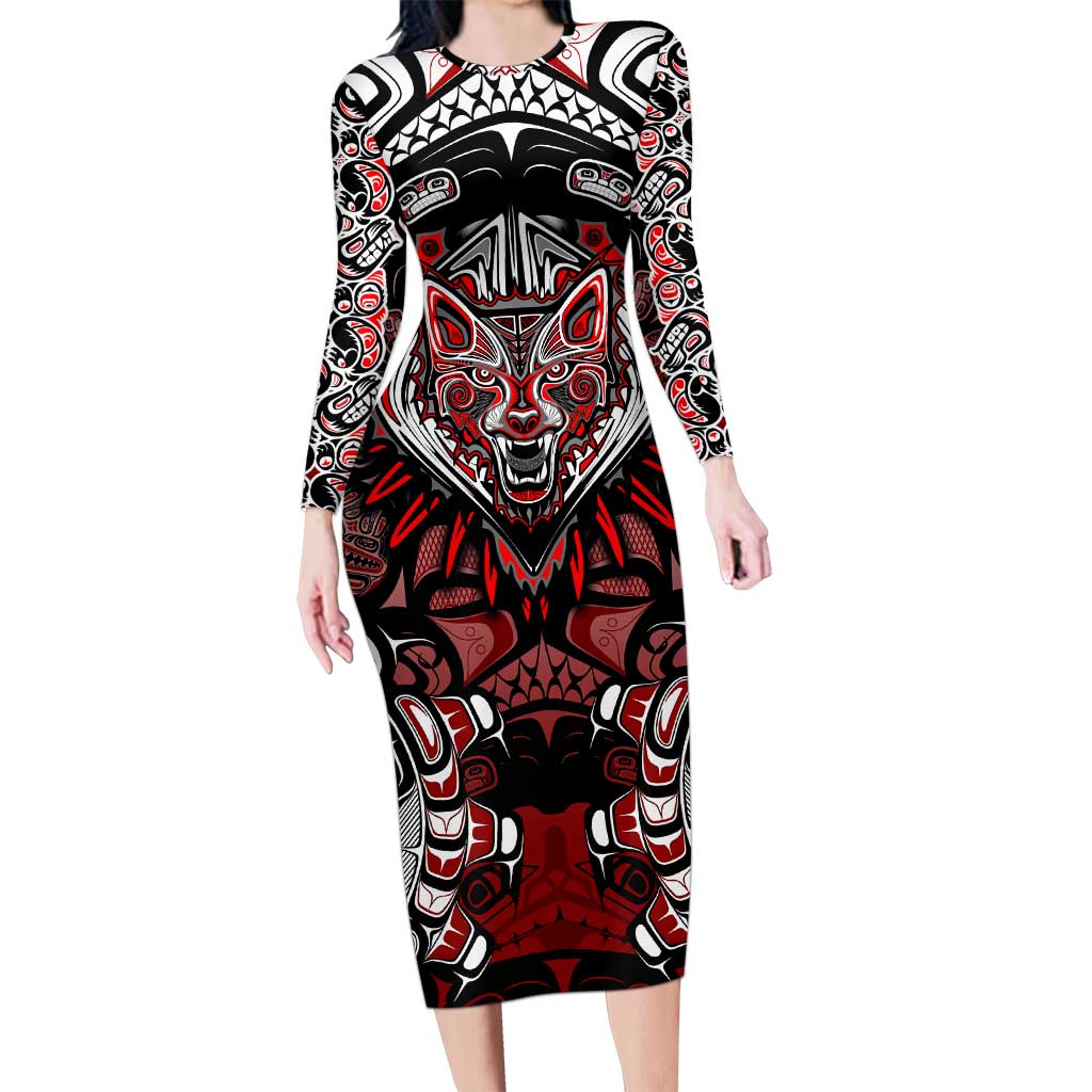 Haida Wolf Long Sleeve Bodycon Dress Canada Indigenous Art