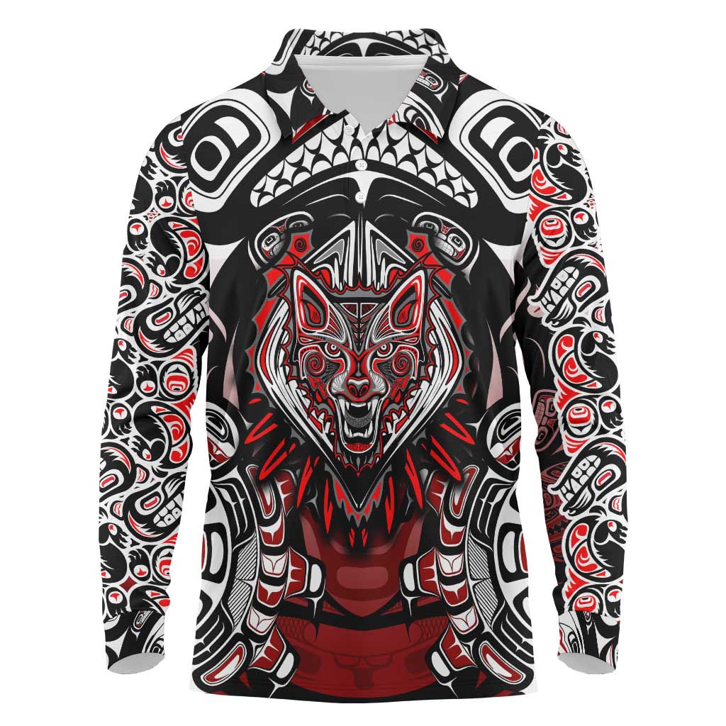 Haida Wolf Long Sleeve Polo Shirt Canada Indigenous Art