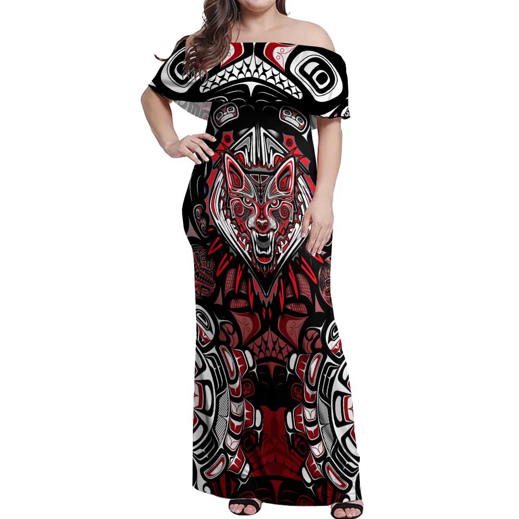 Haida Wolf Off Shoulder Maxi Dress Canada Indigenous Art