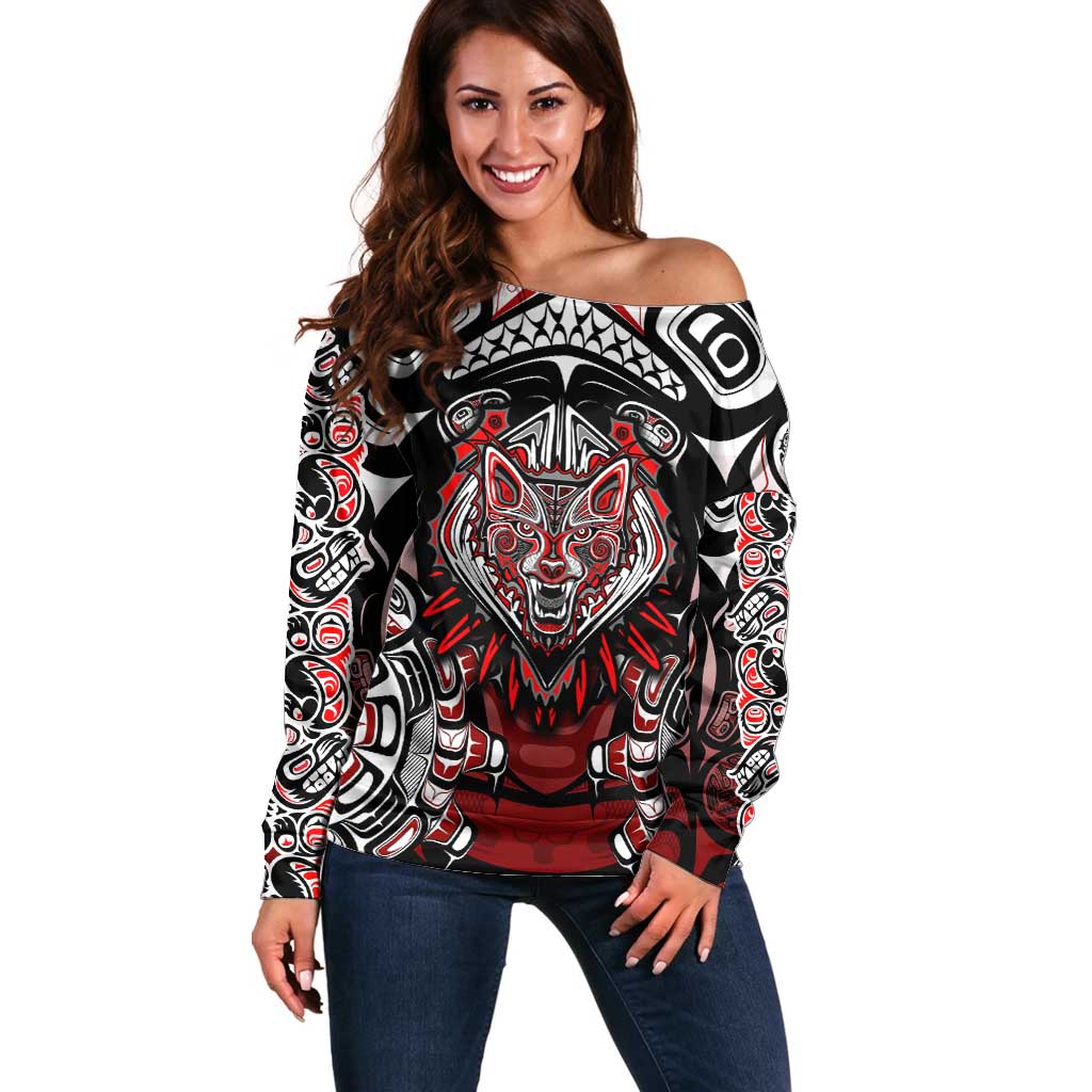 Haida Wolf Off Shoulder Sweater Canada Indigenous Art