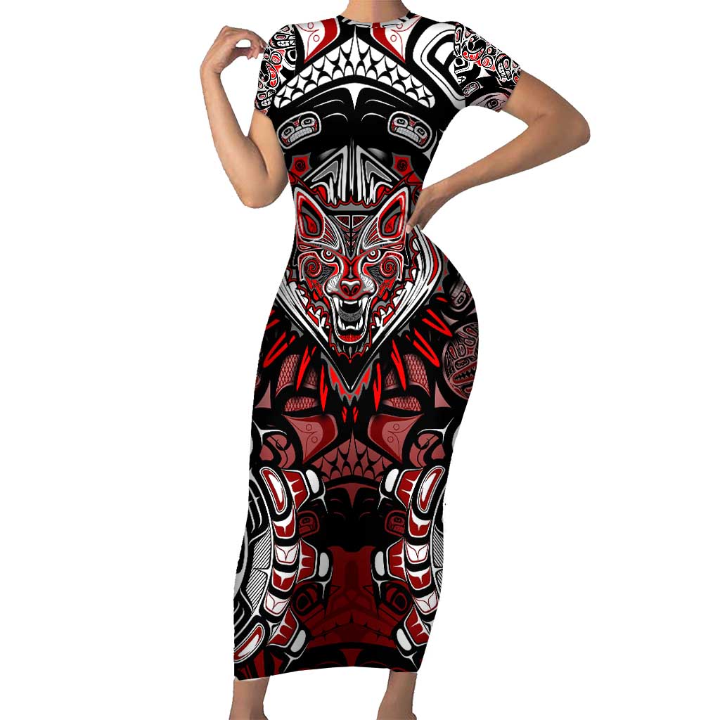 Haida Wolf Short Sleeve Bodycon Dress Canada Indigenous Art