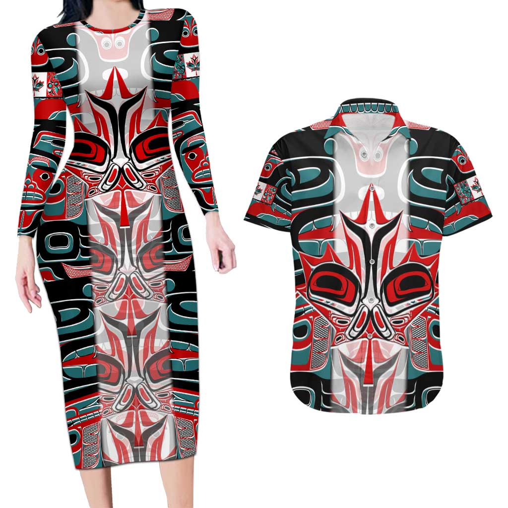 Canada Coat of Arms Haida Couples Matching Long Sleeve Bodycon Dress and Hawaiian Shirt Maple Leaf Flag Indigenous Art