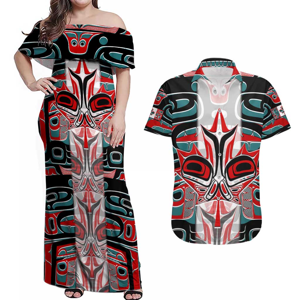 Canada Coat of Arms Haida Couples Matching Off Shoulder Maxi Dress and Hawaiian Shirt Maple Leaf Flag Indigenous Art