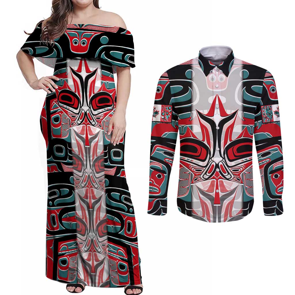 Canada Coat of Arms Haida Couples Matching Off Shoulder Maxi Dress and Long Sleeve Button Shirt Maple Leaf Flag Indigenous Art