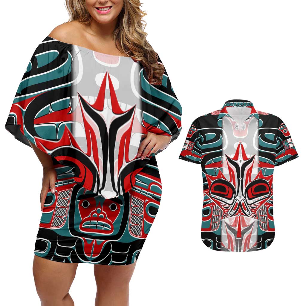 Canada Coat of Arms Haida Couples Matching Off Shoulder Short Dress and Hawaiian Shirt Maple Leaf Flag Indigenous Art