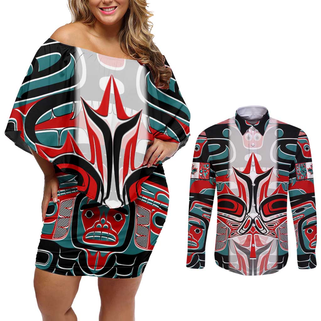 Canada Coat of Arms Haida Couples Matching Off Shoulder Short Dress and Long Sleeve Button Shirt Maple Leaf Flag Indigenous Art