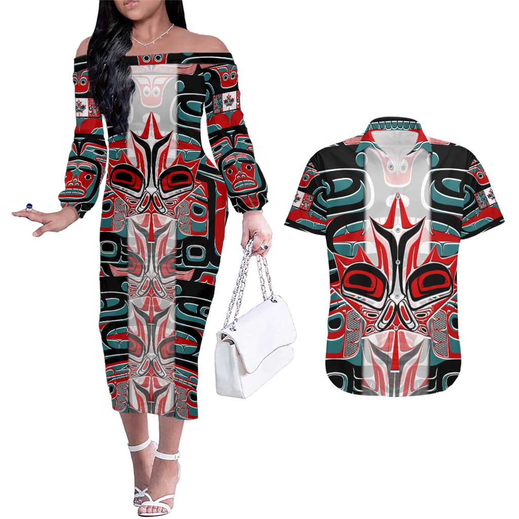 Canada Coat of Arms Haida Couples Matching Off The Shoulder Long Sleeve Dress and Hawaiian Shirt Maple Leaf Flag Indigenous Art