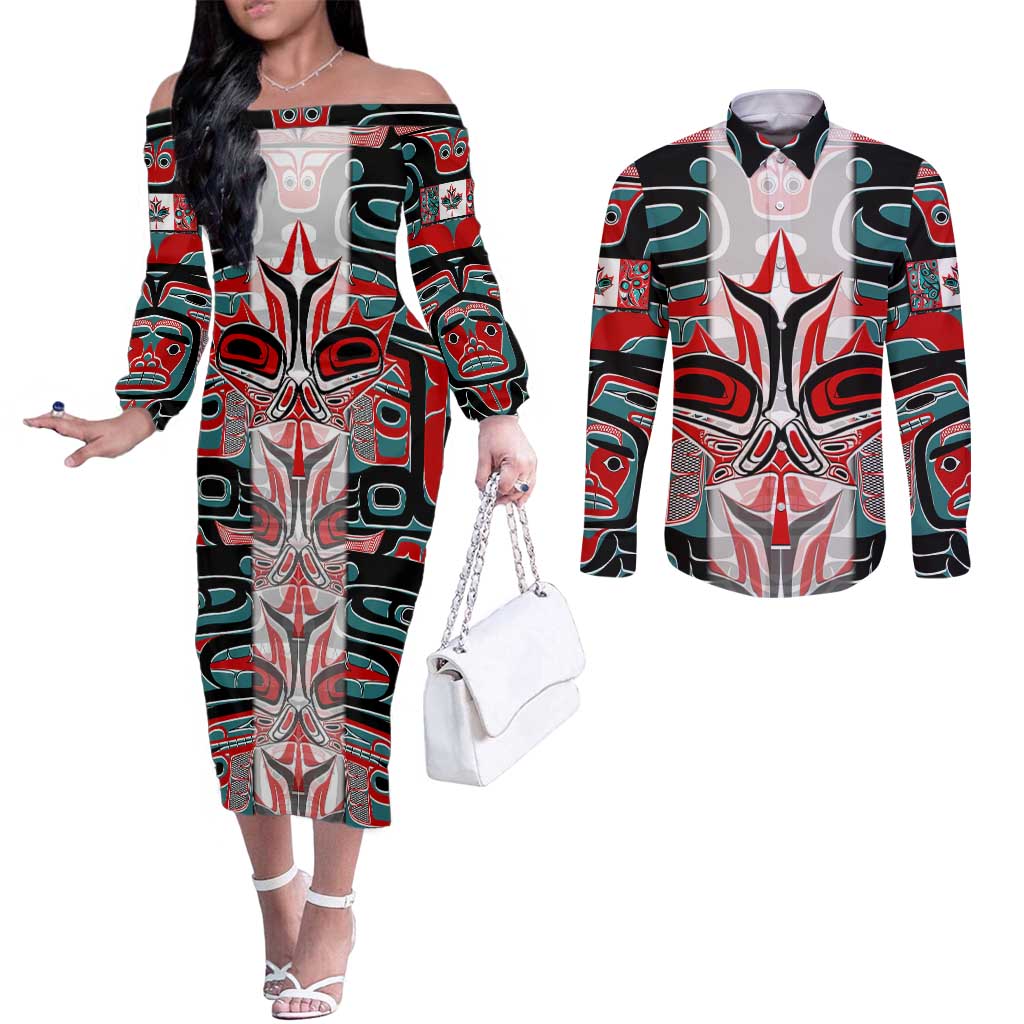 Canada Coat of Arms Haida Couples Matching Off The Shoulder Long Sleeve Dress and Long Sleeve Button Shirt Maple Leaf Flag Indigenous Art