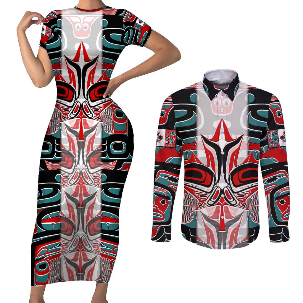 Canada Coat of Arms Haida Couples Matching Short Sleeve Bodycon Dress and Long Sleeve Button Shirt Maple Leaf Flag Indigenous Art