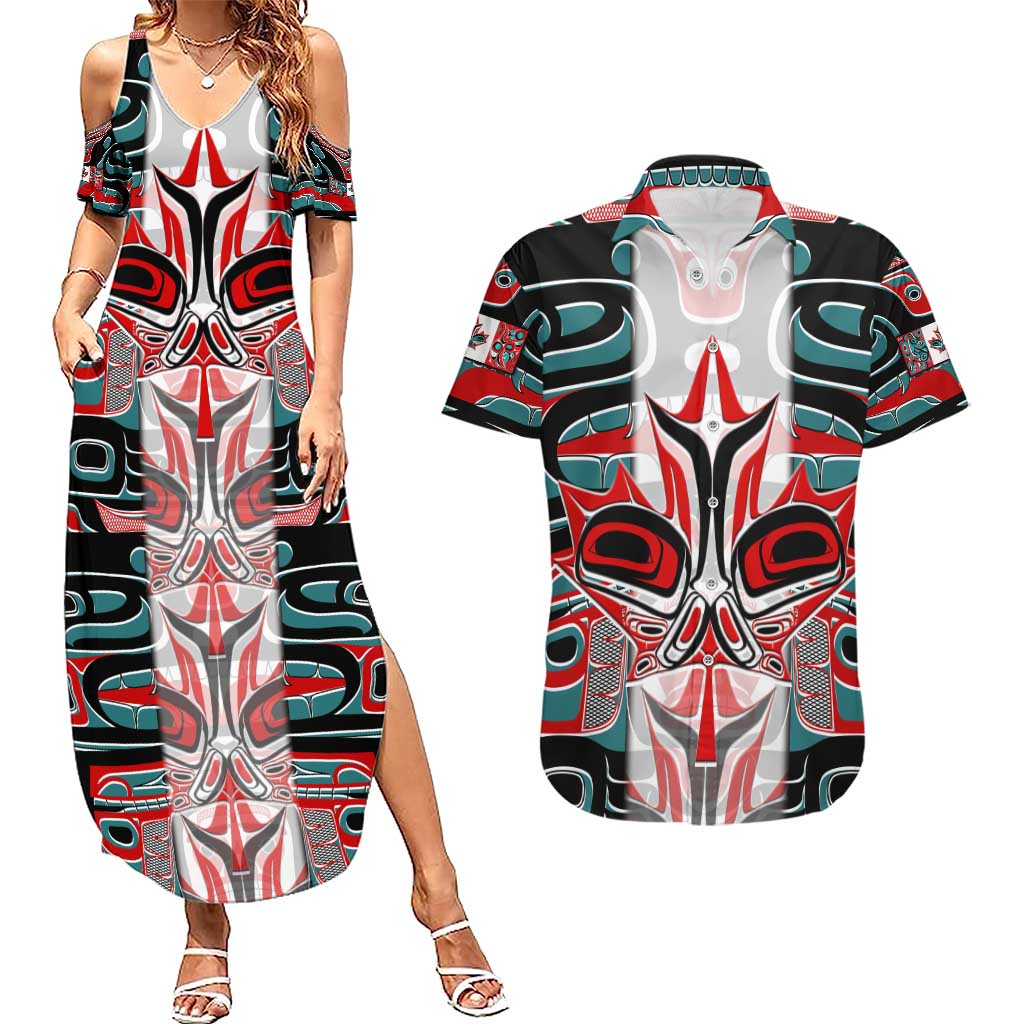 Canada Coat of Arms Haida Couples Matching Summer Maxi Dress and Hawaiian Shirt Maple Leaf Flag Indigenous Art