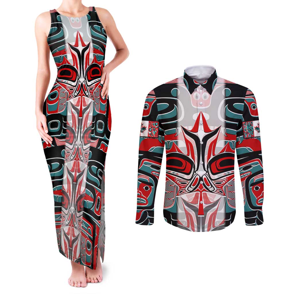 Canada Coat of Arms Haida Couples Matching Tank Maxi Dress and Long Sleeve Button Shirt Maple Leaf Flag Indigenous Art