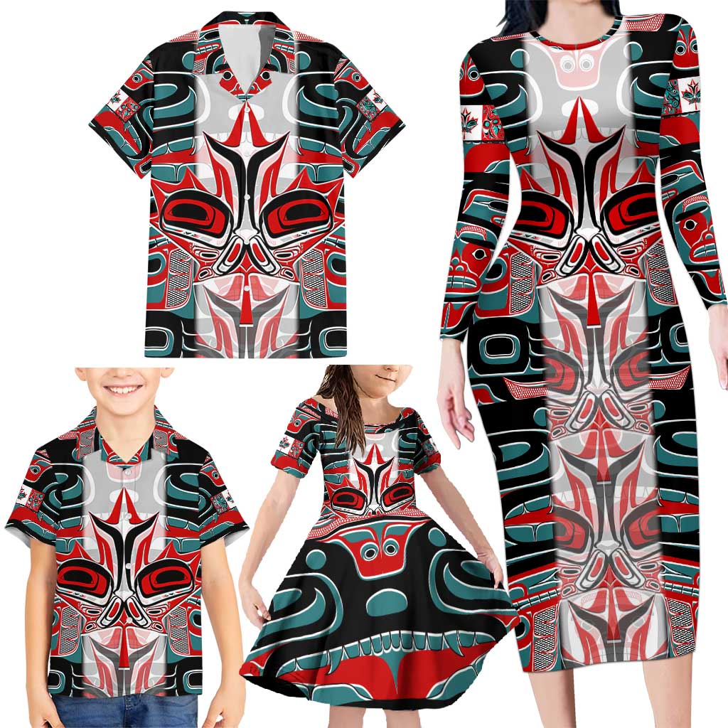 Canada Coat of Arms Haida Family Matching Long Sleeve Bodycon Dress and Hawaiian Shirt Maple Leaf Flag Indigenous Art