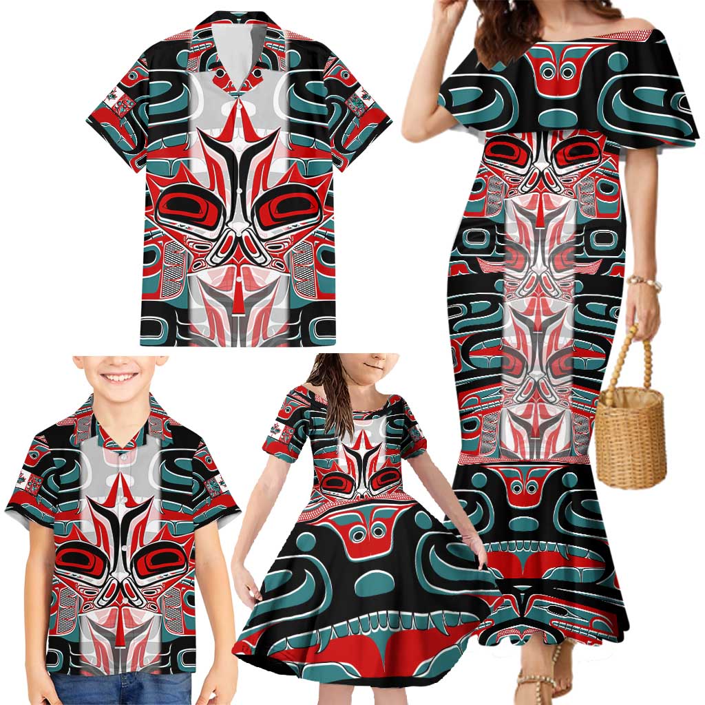 Canada Coat of Arms Haida Family Matching Mermaid Dress and Hawaiian Shirt Maple Leaf Flag Indigenous Art