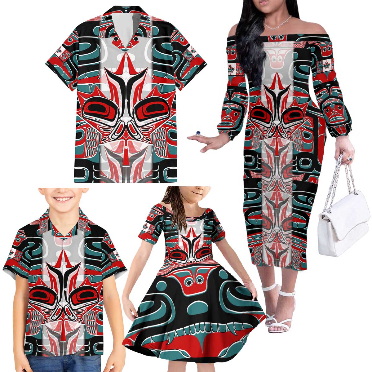 Canada Coat of Arms Haida Family Matching Off The Shoulder Long Sleeve Dress and Hawaiian Shirt Maple Leaf Flag Indigenous Art