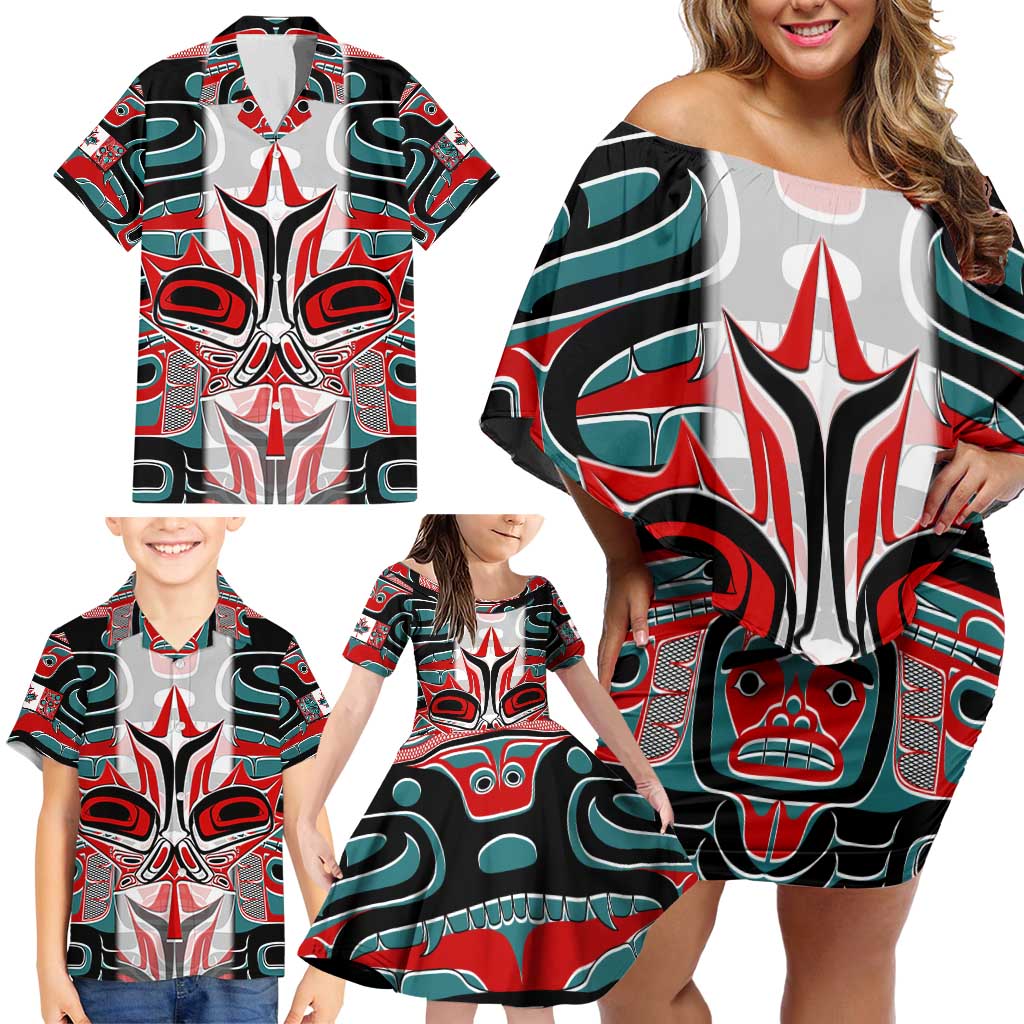 Canada Coat of Arms Haida Family Matching Off Shoulder Short Dress and Hawaiian Shirt Maple Leaf Flag Indigenous Art