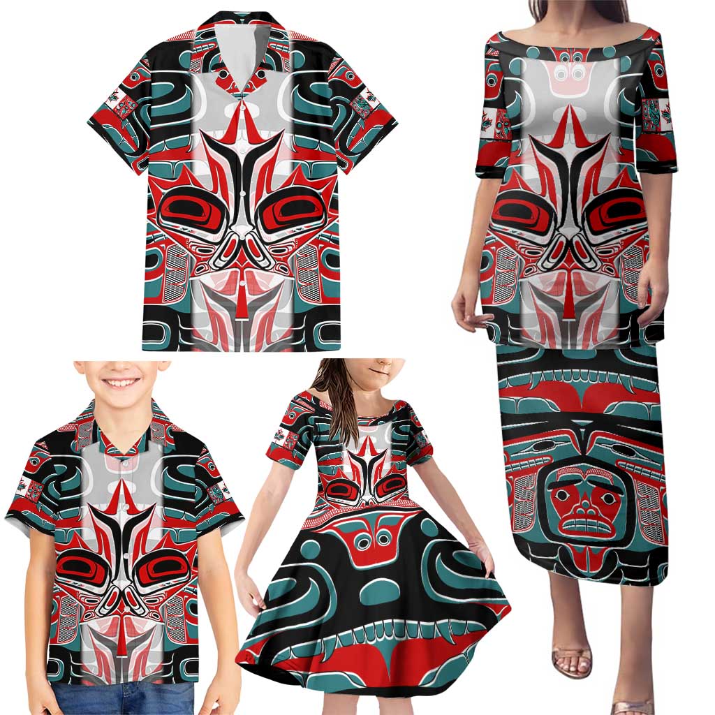 Canada Coat of Arms Haida Family Matching Puletasi and Hawaiian Shirt Maple Leaf Flag Indigenous Art