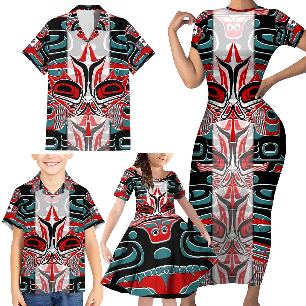 Canada Coat of Arms Haida Family Matching Short Sleeve Bodycon Dress and Hawaiian Shirt Maple Leaf Flag Indigenous Art