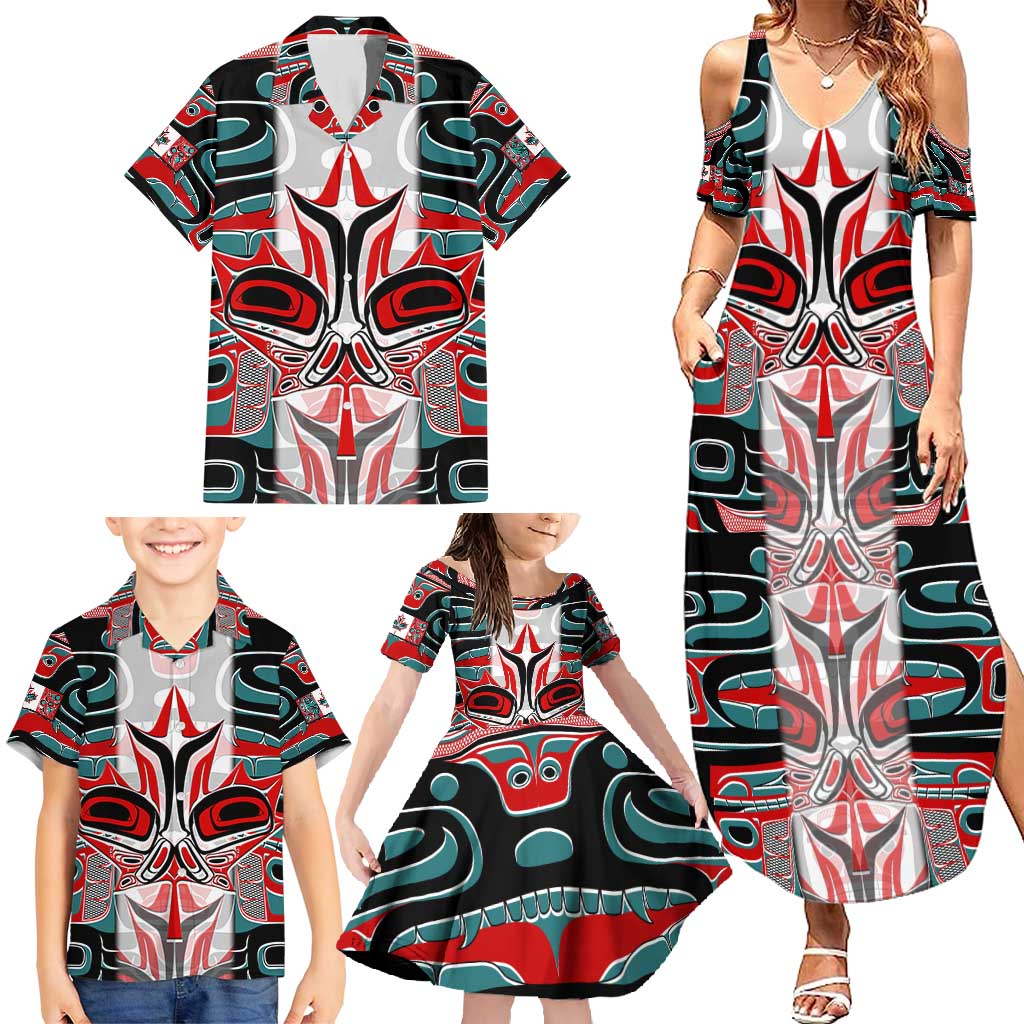 Canada Coat of Arms Haida Family Matching Summer Maxi Dress and Hawaiian Shirt Maple Leaf Flag Indigenous Art