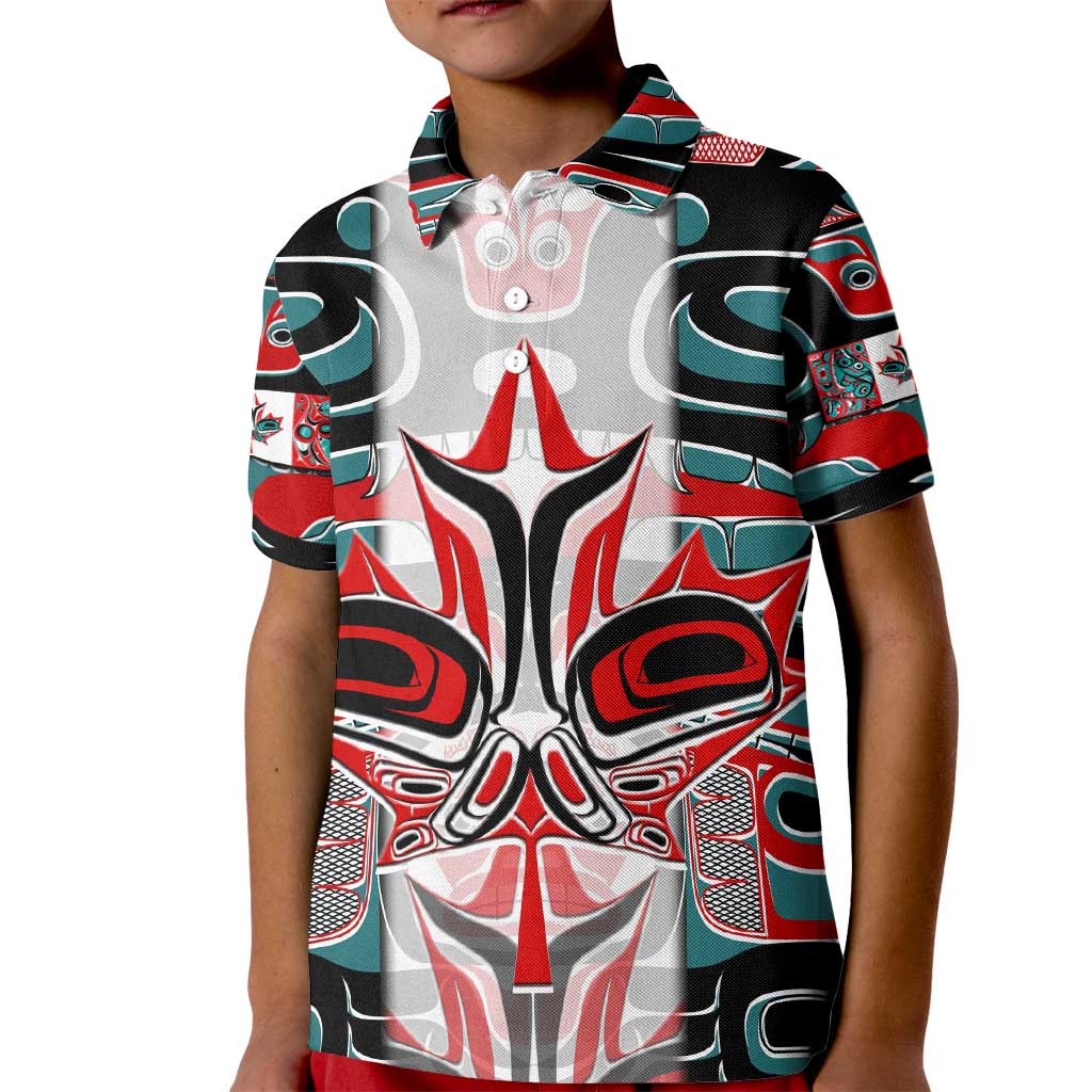 Canada Coat of Arms Haida Kid Polo Shirt Maple Leaf Flag Indigenous Art