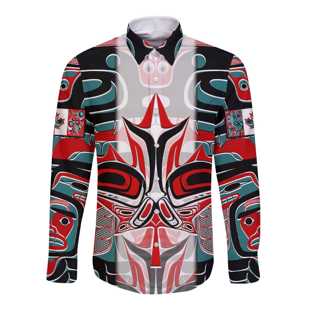 Long-sleeve hooded shirt with bold teal, red, and black Haida-style graphic front