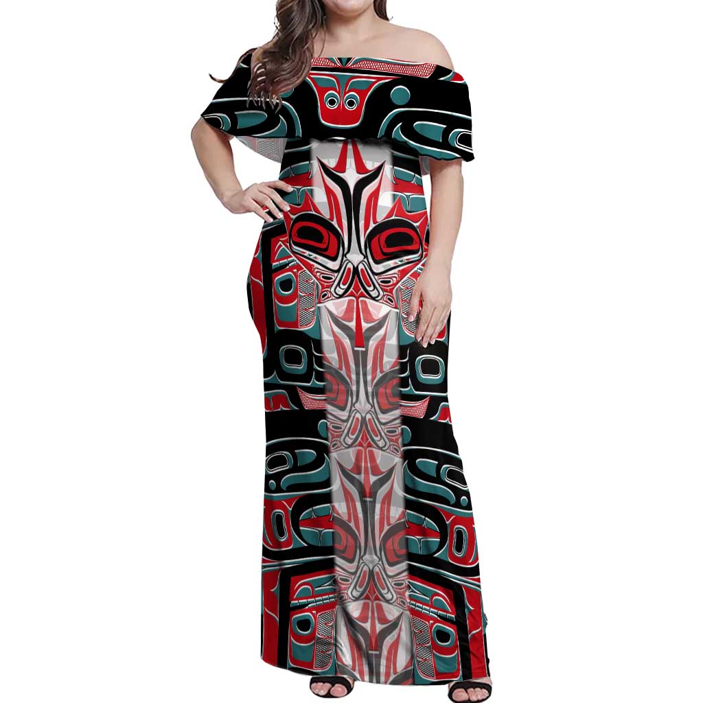 Canada Coat of Arms Haida Off Shoulder Maxi Dress Maple Leaf Flag Indigenous Art