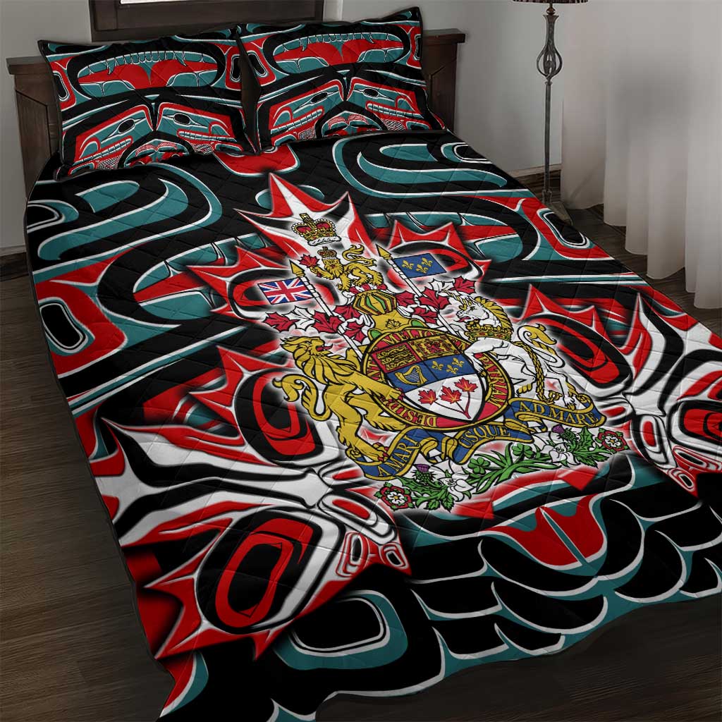 Canada Coat of Arms Haida Quilt Bed Set Maple Leaf Flag Indigenous Art